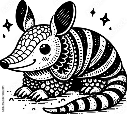 Armadillo black outline children coloring book illustration.