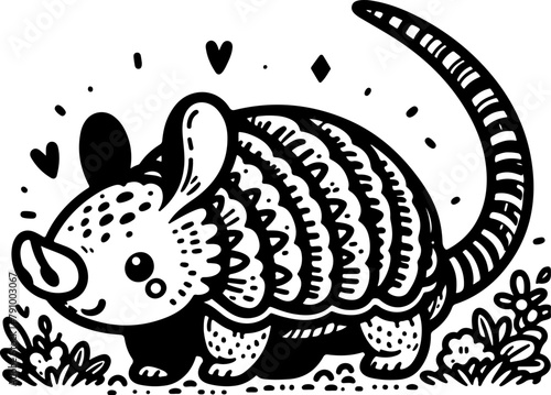 Armadillo black outline children coloring book illustration.