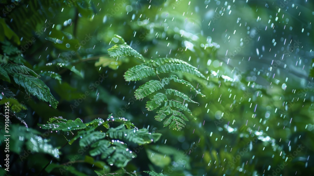 Rain falling on a dense thicket of ferns, creating a mesmerizing dance of water droplets amidst the foliage.