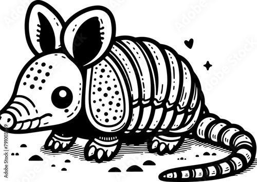 Armadillo black outline children coloring book illustration.