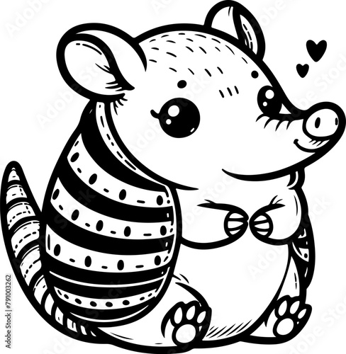 Armadillo black outline children coloring book illustration.