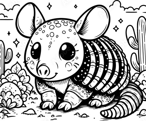 Armadillo black outline children coloring book illustration.