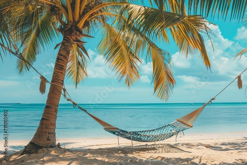 Relaxing vacation on a tropical island. palm tree, hammock, and sea view for holidaymakers photo