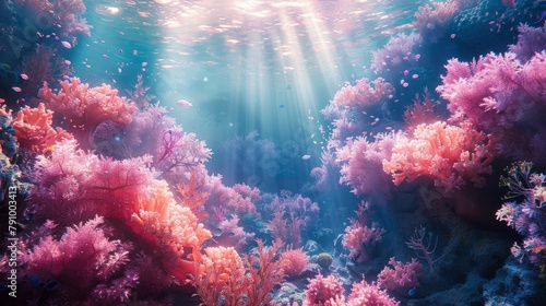 Vibrant underwater coral reef ecosystem illuminated by sunlight © Yusif
