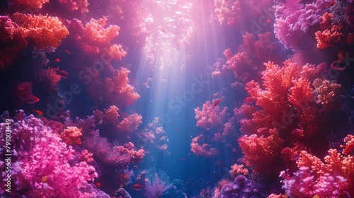 Vibrant underwater coral reef ecosystem illuminated by sunlight