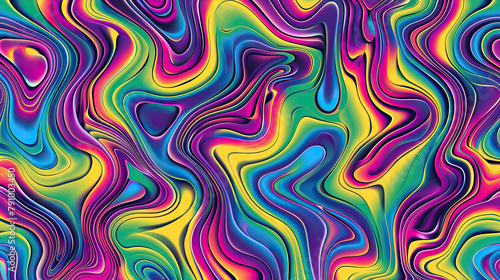 Seamless psychedelic rainbow ridged topological map pattern background texture. Trippy abstract wavy swirls dopamine background