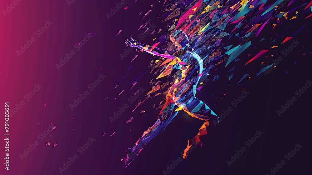 Illustrate an abstract representation of modern dance movements through the lens of a dynamic pixel art style, blending vibrant colors and sharp angles