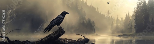 Harness the mysterious aura of noir with a long shot raven perched atop a totem in a river delta setting, infused with a blend of digital rendering techniques photo