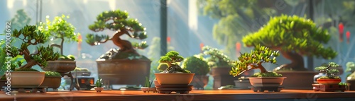 Illustrate an animators workspace filled with miniature bonsai trees, each telling a story Digital Rendering Techniques, vibrant colors, whimsical details