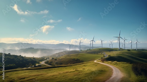 large number of wind turbines are spread across a grassy hillside, wind energy concept
