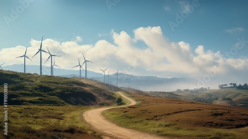 wind turbines on a hill with a blue sky and clouds, wind energy concept