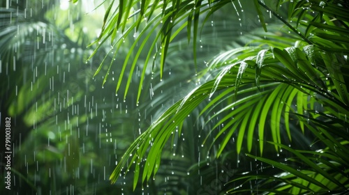 Rain-soaked palm fronds swaying gently in the breeze  creating a tropical oasis amidst the downpour.