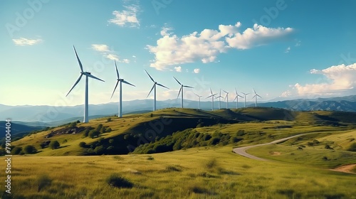 row of wind turbines are on a hillside, wind energy concept