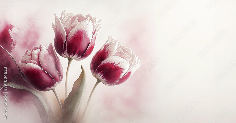 Tulipany w kolorze bordo, wiosenne kwiaty. Jasne pastelowe tło, puste miejsce na tekst, zaproszenie - obrazy, fototapety, plakaty 