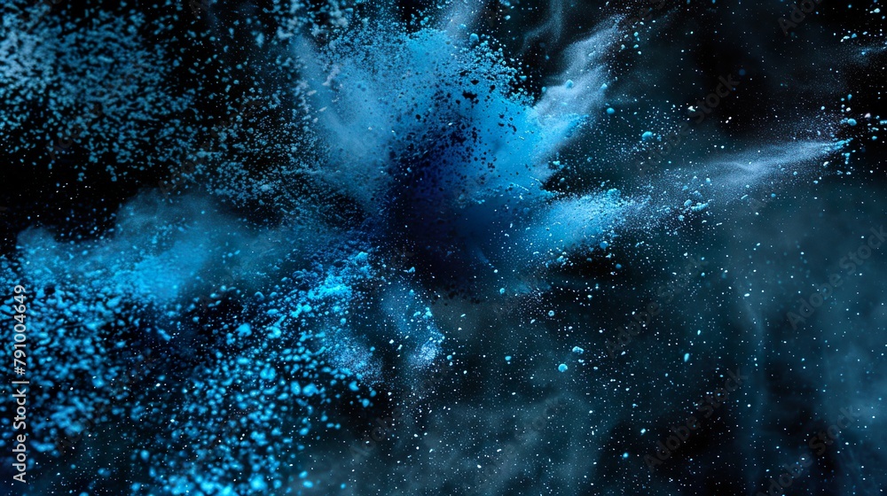 blaue Farbexplosion vor dunklem Hintergrund, rauchender Knall, Explosion aus Pulver - obrazy, fototapety, plakaty 