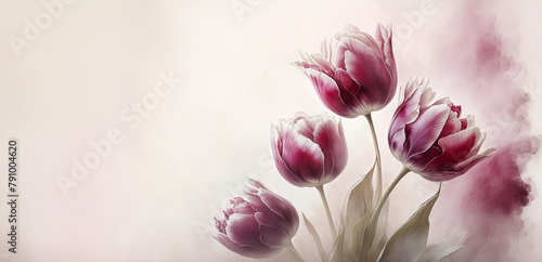 Tulipany w kolorze bordo, wiosenne kwiaty. Jasne pastelowe tło, puste miejsce na tekst, zaproszenie © Iwona