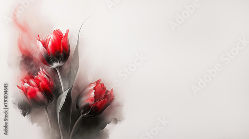 Tło kwiaty, czerwone tulipany, puste miejsce na tekst, zaproszenie. Jasne białe tło. Kartka na życzenia. Papier dekoracyjny