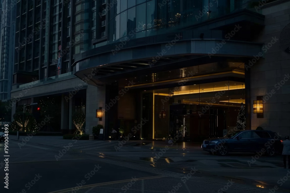 Fototapeta premium Modern office building windows lit in evening night early morning long working hours exhaustion overtime exterior urban architecture skyscraper lights tower financial sector banking hq headquarters