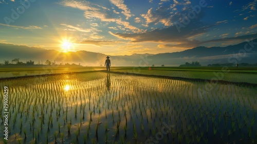Rice fields glowing under the soft light of dawn, with a farmer surveying the tranquil landscape.