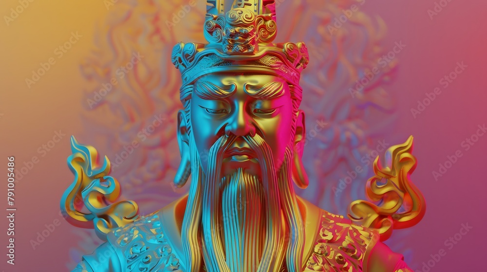 Obraz premium Statues of Chinese gods, atmosphere, pop art, synthwave 80's in art design.