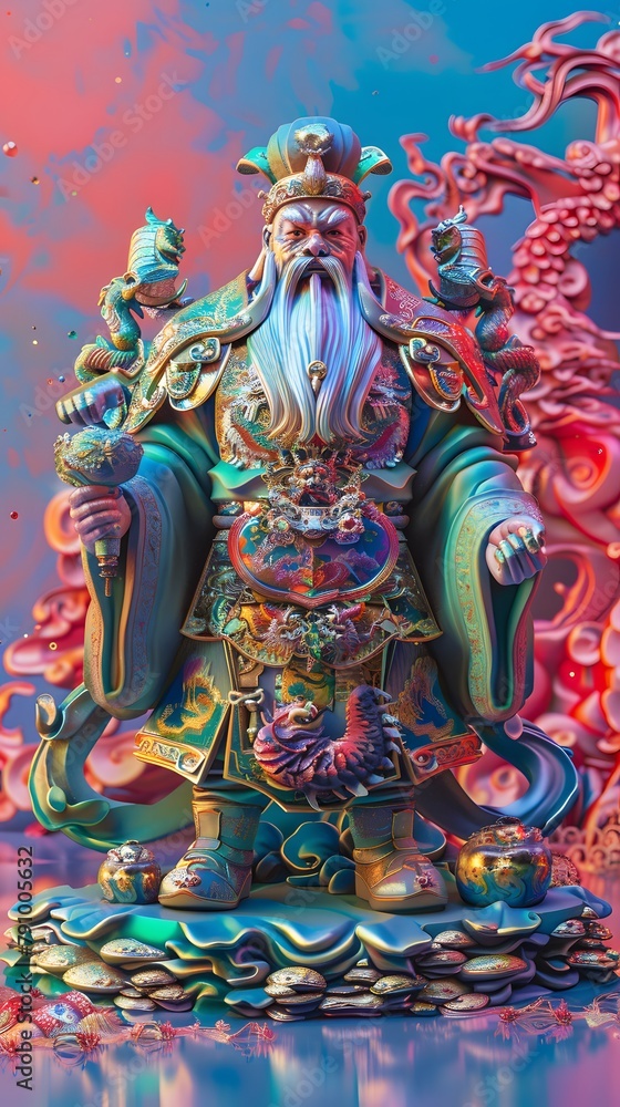 Fototapeta premium Statues of Chinese gods, atmosphere, pop art, synthwave 80's in art design.