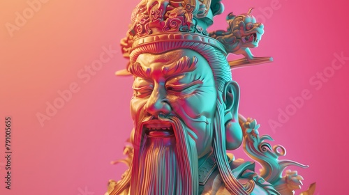 Statues of Chinese gods  atmosphere  pop art  synthwave 80 s in art design.