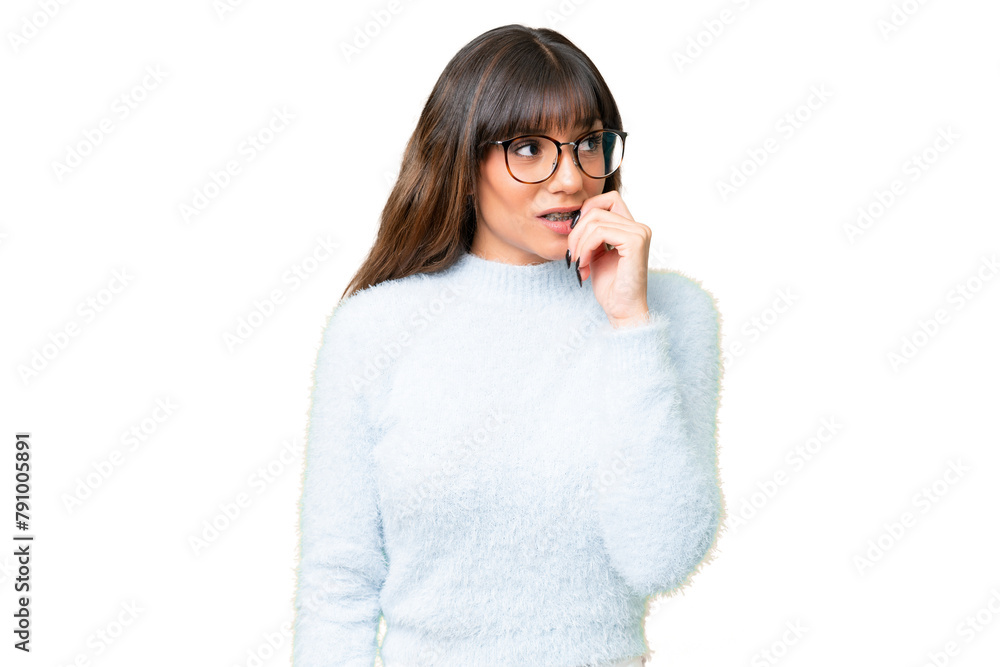 Young caucasian woman over isolated chroma key background is a little bit nervous