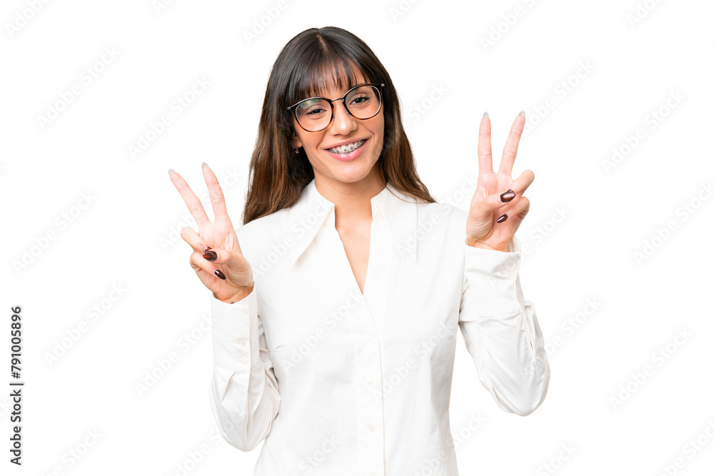Young caucasian woman over isolated chroma key background showing victory sign with both hands Young caucasian woman over isolated chroma key background showing victory sign with both hands