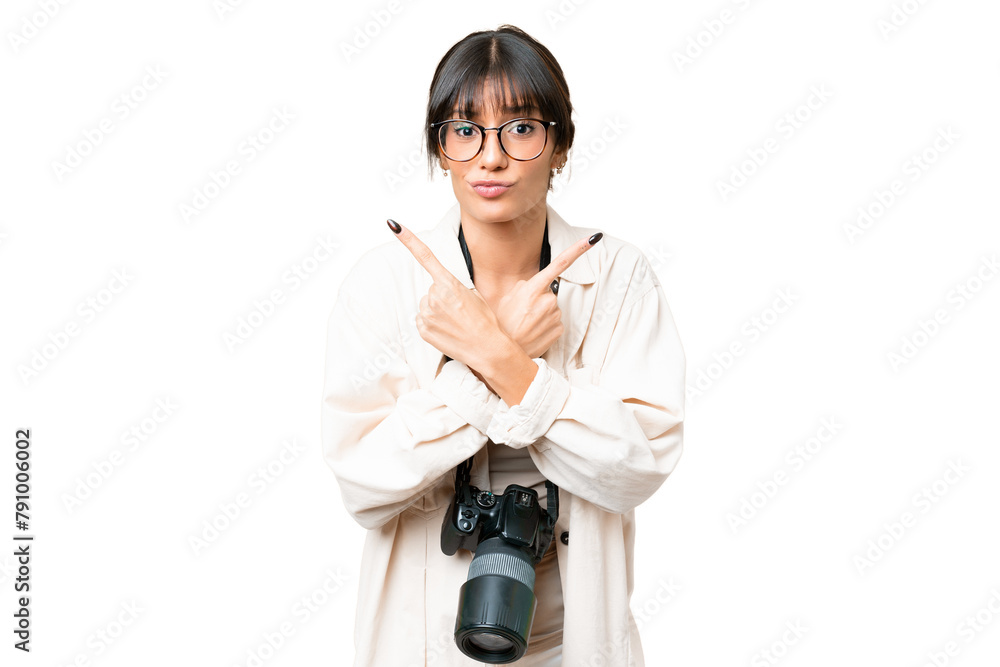 Young photographer caucasian woman over isolated chroma key background pointing to the laterals having doubts Young photographer caucasian woman over isolated chroma key background pointing to the laterals having doubts