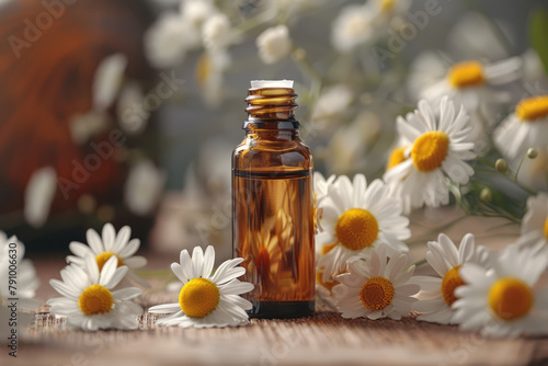 bottle of chamomile oil in daisies, natural cosmetics