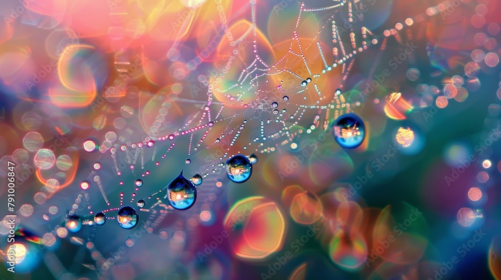 Water droplets clinging to a spider's web, refracting light and creating a dazzling display of shimmering colors in a dewy morning. - obrazy, fototapety, plakaty 