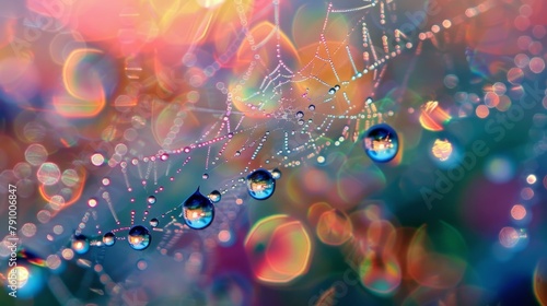 Water droplets clinging to a spider's web, refracting light and creating a dazzling display of shimmering colors in a dewy morning. © Plaifah