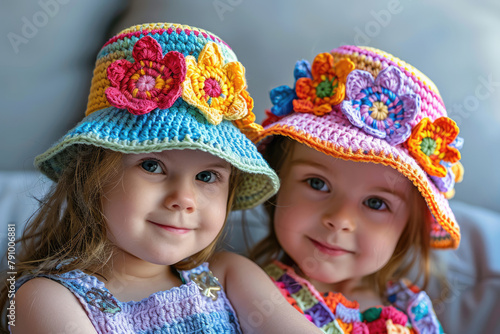 Girls in summer hats crocheted Irish lace