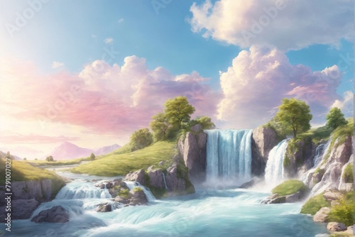 Pastel Waterfall Landscape Background, Waterfall Wallpaper, waterfall Background, waterfall Scenery, Waterfall in the mountains, beautiful paradise rivers and waterfalls, AI Generative