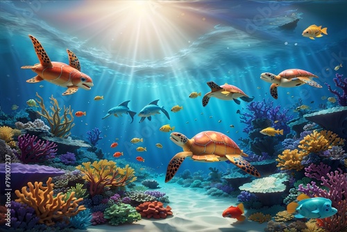 Underwater Landscape Background, Underwater Wallpaper, underwater scene with coral reef and marine life, Fish swimming among corals in water seascape, Ocean World Wallpaper, AI Generative © Forhadx5