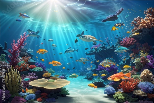 Underwater Landscape Background, Underwater Wallpaper, underwater scene with coral reef and marine life, Fish swimming among corals in water seascape, Ocean World Wallpaper, AI Generative