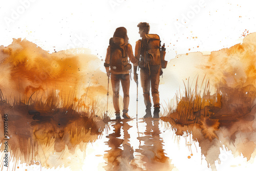 Brown watercolor painting of a couple hiking in forest, adventure