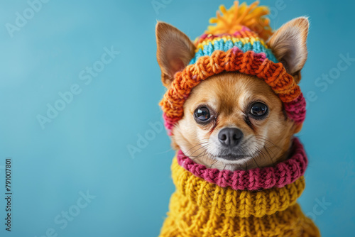 Funny dog dressed in a knitted hat and sweater photo