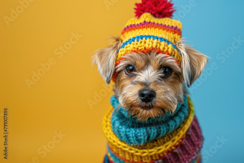 Funny dog dressed in warm knitted clothes