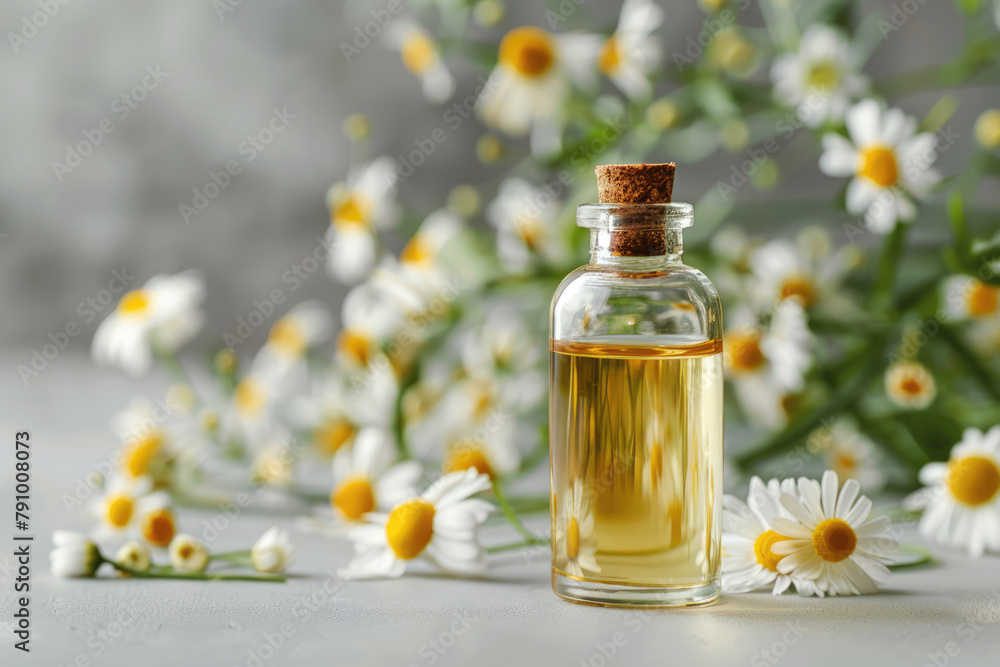 Bottle with chamomile oil and flowers on the table Bottle with chamomile oil and flowers on the table