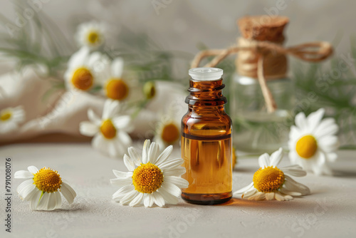 Bottle with chamomile oil and flowers on the table