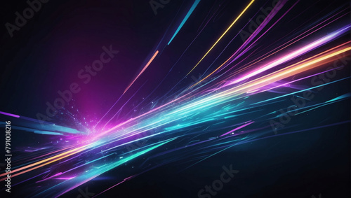 Velocity of Light, Abstract Background Featuring Digital Lights, Neon Rays, and Futuristic Lines.