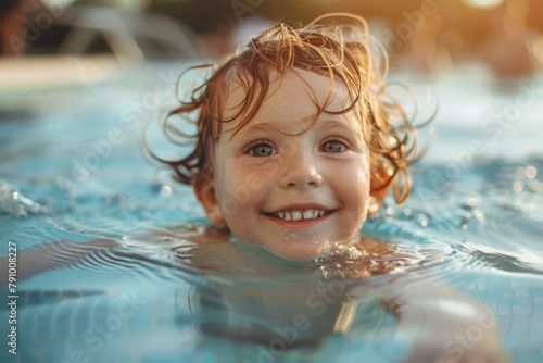 Child boy swimming and playing in water in the pool