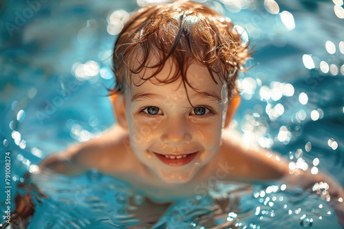 Child boy swimming and playing in water in the pool