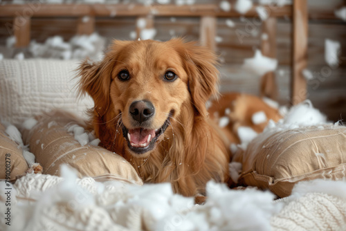 Naughty dog puppy made a mess in the room photo