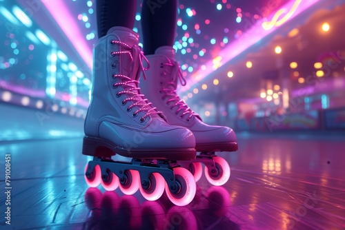 White roller skates amid neon lights