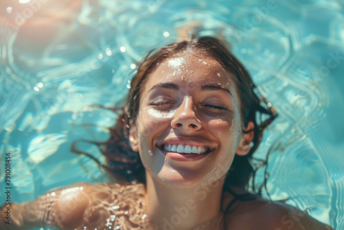 Beautiful young woman swims in the swimming pool relaxing at the resort