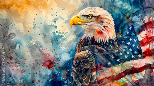 Watercolor of Bald Eagle in front of American Flag