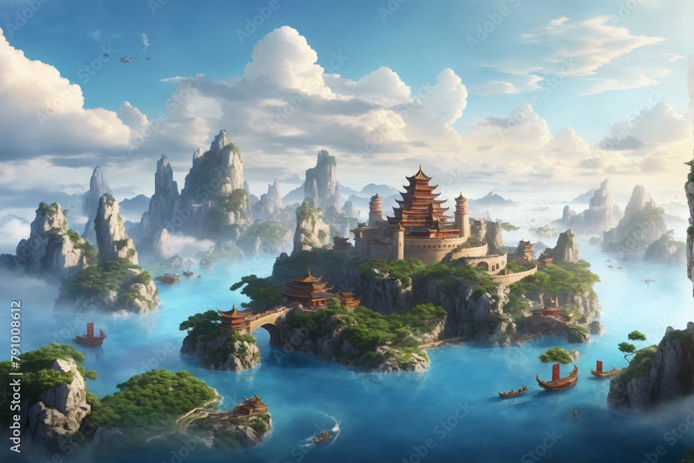 Floating Castle in Clouds, Chinese style Fantasy Castle and islands floating in the sky, Mountain Castle, Chinese fantasy landscape, fantasy castle on a rock, floating island, AI Generative