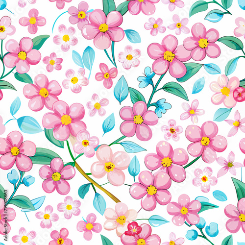 watercolor seamless pattern with pastel flowers with leaves on light background